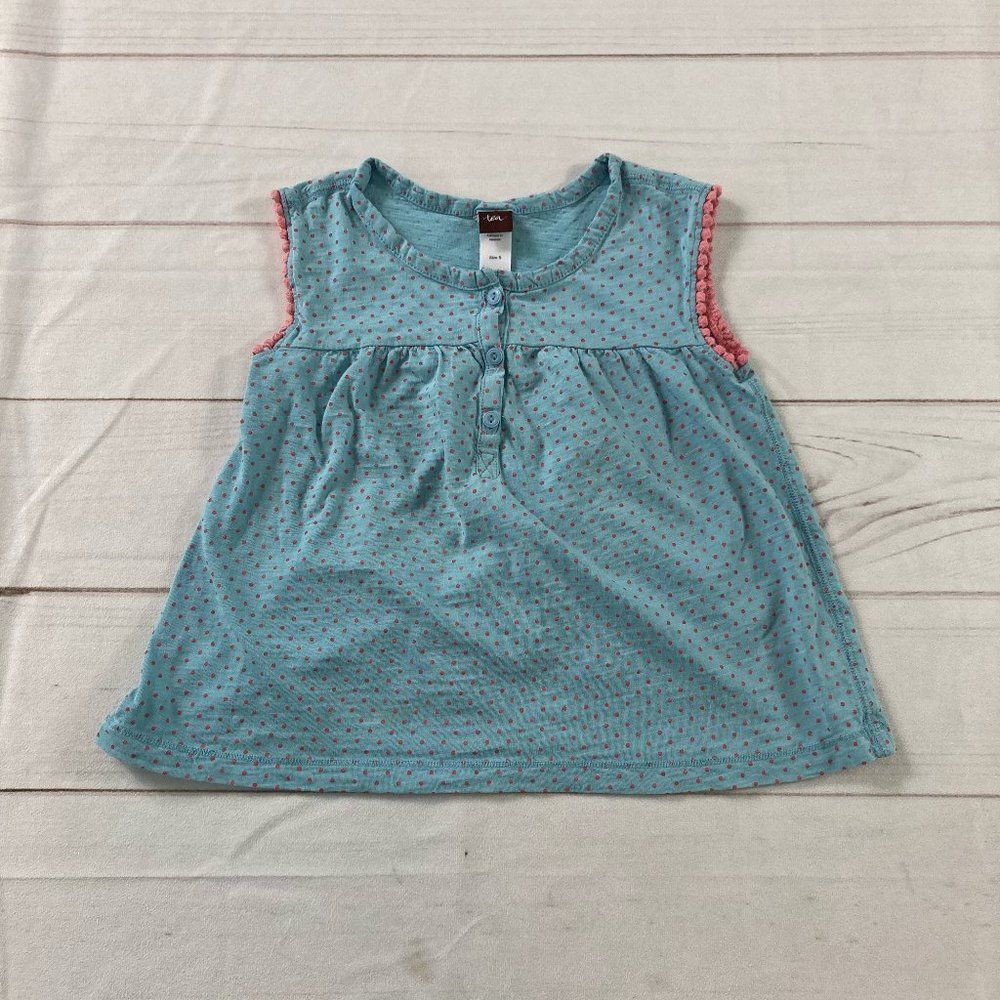 Tea Collection Kids Blue Polka Dot Sleeveless Button Front Pleated Top Size 5